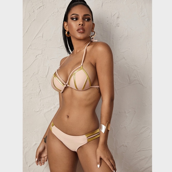 Strappy Light Pink and Gold Swimsuit - Picture 4 of 6